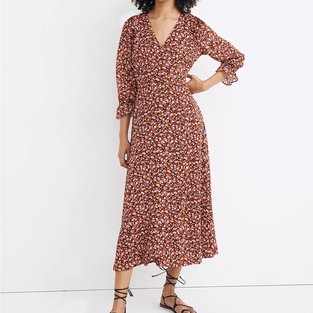 Madewell Long-Sleeve Crossover Midi Dress in Clipdot Spring Prairie 2